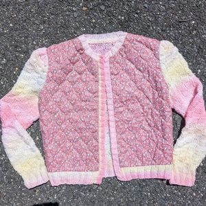 Vintage 1970s Pastel Pink Handmade Floral Quilted Cardigan Sweater L Retro Boho